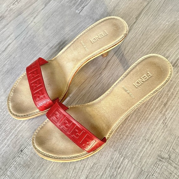 FENDI Vintage Zucca FF Logo Kitten Heels Sandals Slides - Picture 4 of 7